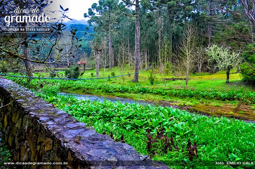 Para o visitante que se propõe a caminhar pela propriedade, o Castelinho Caracol reserva agradáveis surpresas, como este belo riacho e muros de taipas.